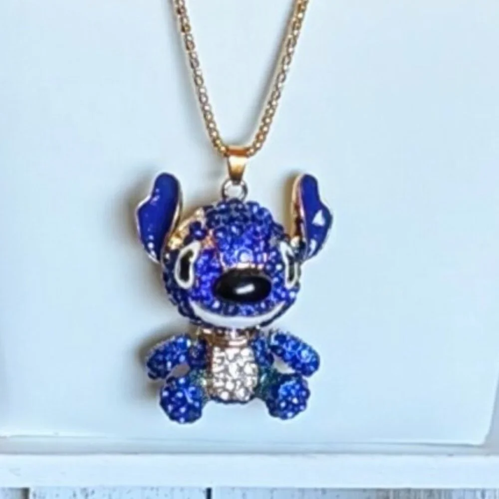 Betsey Johnson Dark Blue Crystal Gold Toned Stitch Necklace - New - Picture 3 of 3